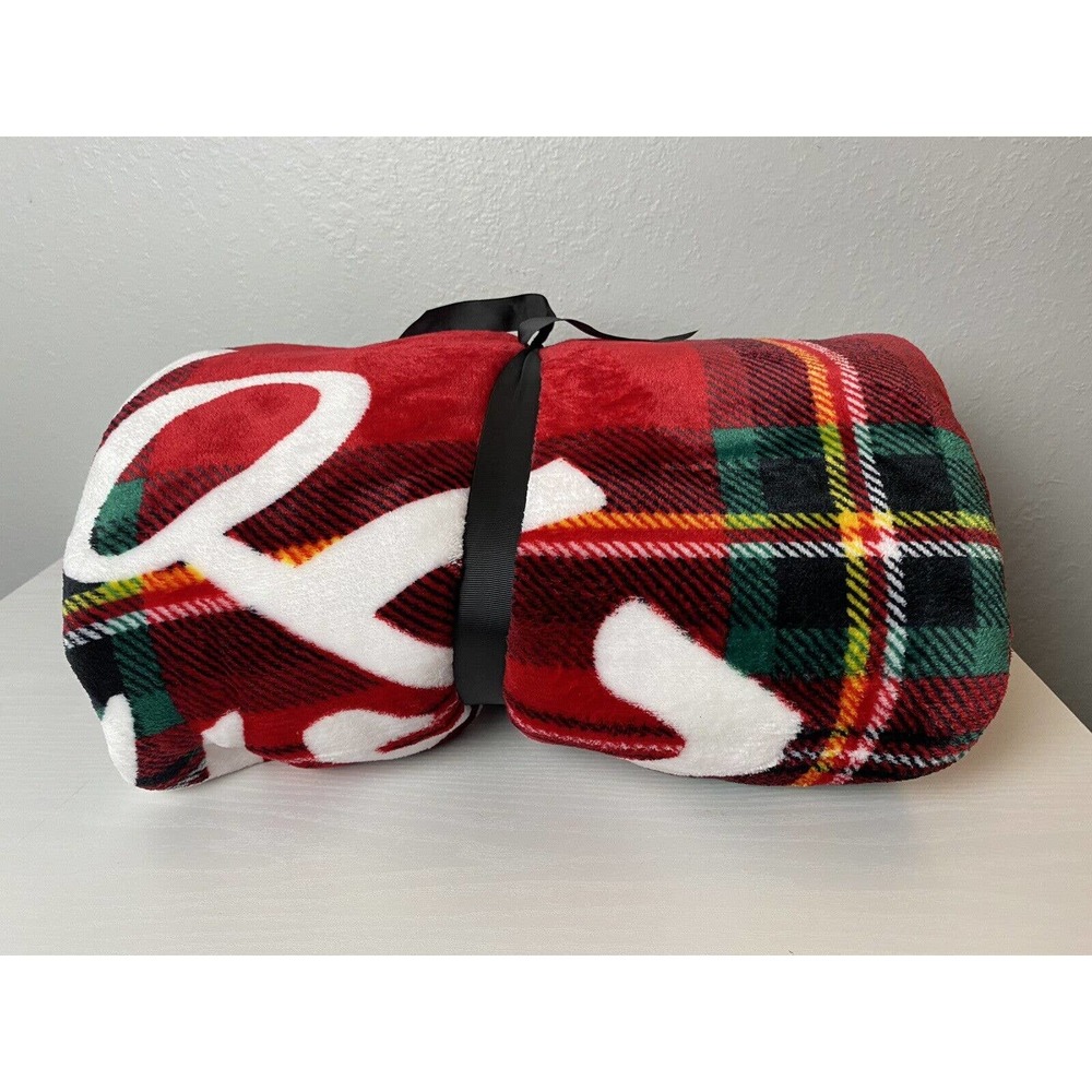 NEW PINK Victorias Secret Sherpa Blanket Large Plaid Red Heart Throw 50 X 60 HTF